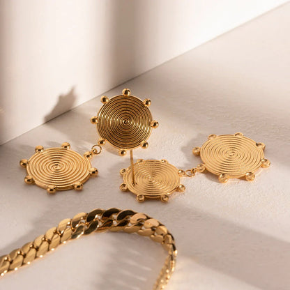 Elegant palace-style retro stainless steel earrings with 18k gold plating, featuring a textured disc design