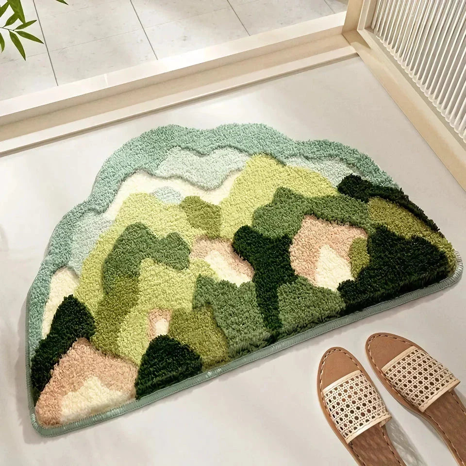 Elegant irregular-shaped Mountain Forest Flocked Carpet with a Kilim-inspired plant pattern, made from soft and durable 100% polyester material.