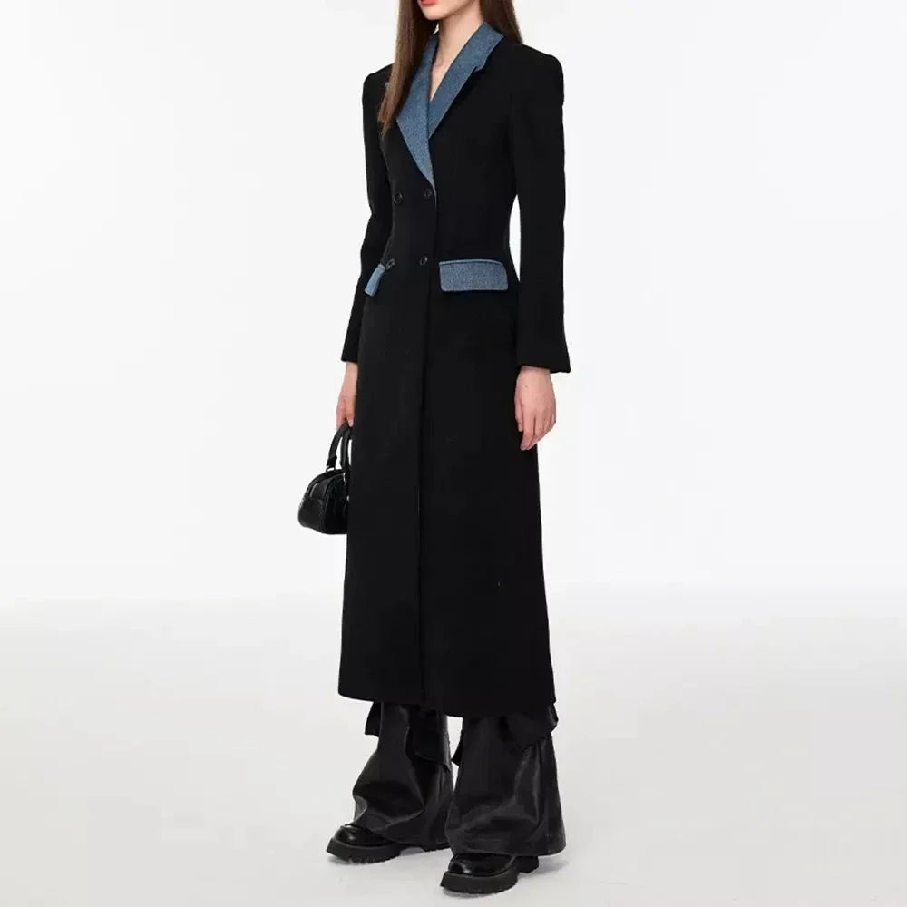 Elegant patchwork trench coat in black with contrast design, ideal for British autumn and winter