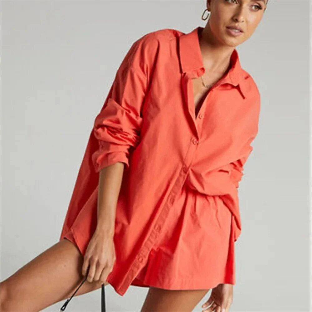 Chic high-waist cotton linen shirt and shorts set in pink, featuring a turn-down collar, long sleeves, and a relaxed, flattering fit for the modern British woman.
