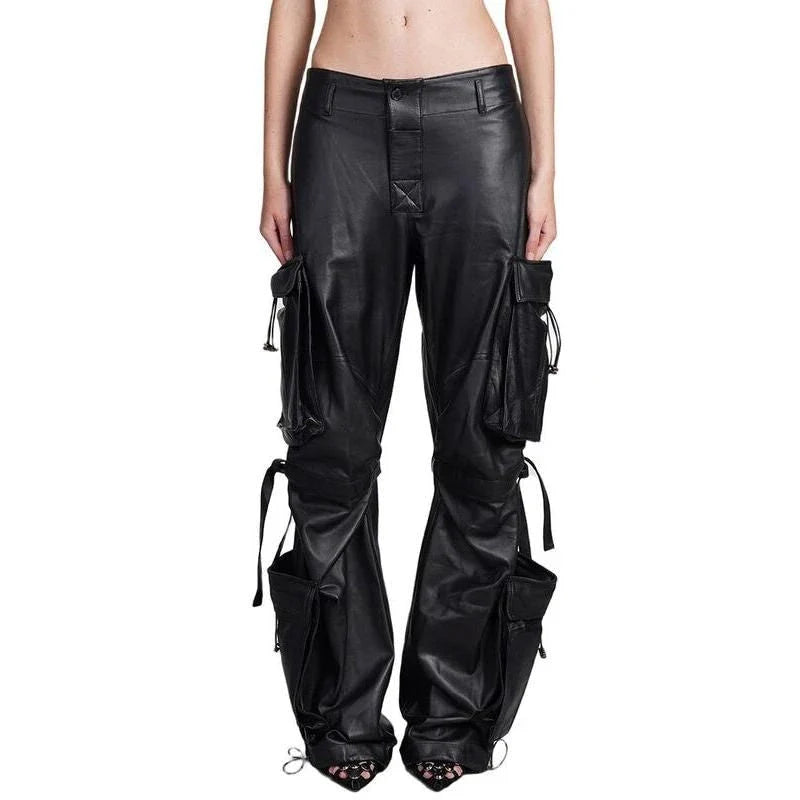 A pair of high-waist leather cargo pants with a stylish patchwork design, offering a blend of functionality and fashion for modern women.