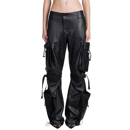 A pair of high-waist leather cargo pants with a stylish patchwork design, offering a blend of functionality and fashion for modern women.