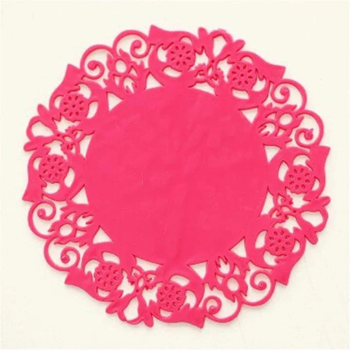 Trendha's premium Lace Silicone Coasters featuring a delicate lace pattern and heat-resistant design to protect your furniture in style.