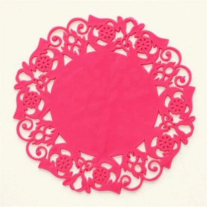 Trendha's premium Lace Silicone Coasters featuring a delicate lace pattern and heat-resistant design to protect your furniture in style.