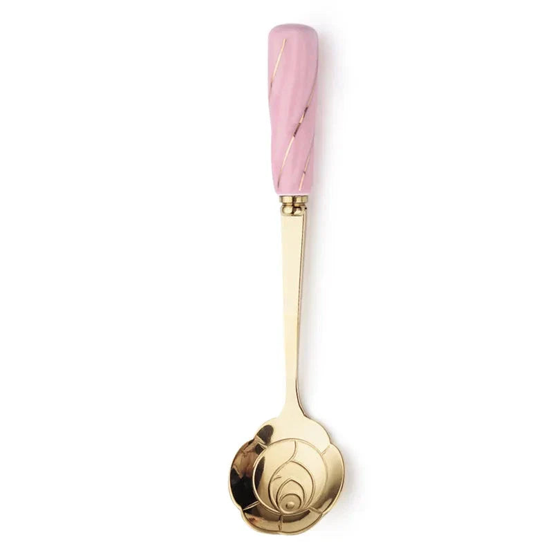 Elegant gold-plated mini stainless steel dessert spoons with colourful ceramic handles and floral designs