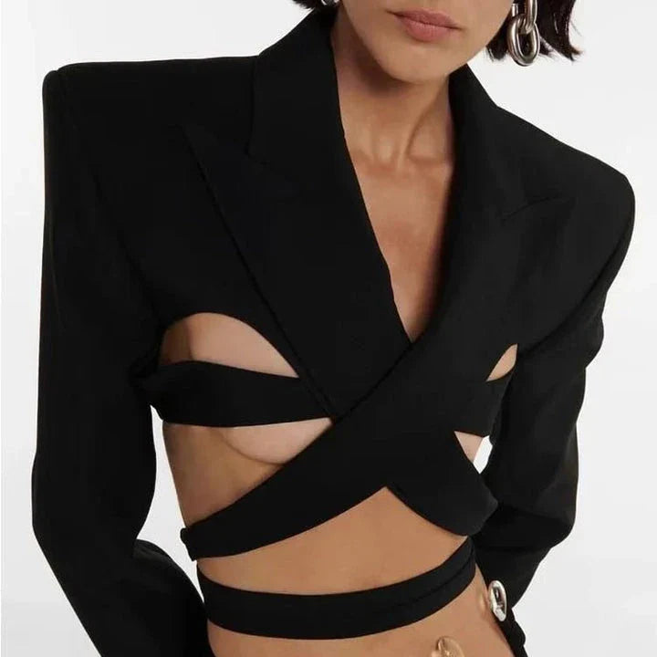 Elegant and chic women's blazer with a unique backless design and bandage waist, perfect for making a fashionable statement