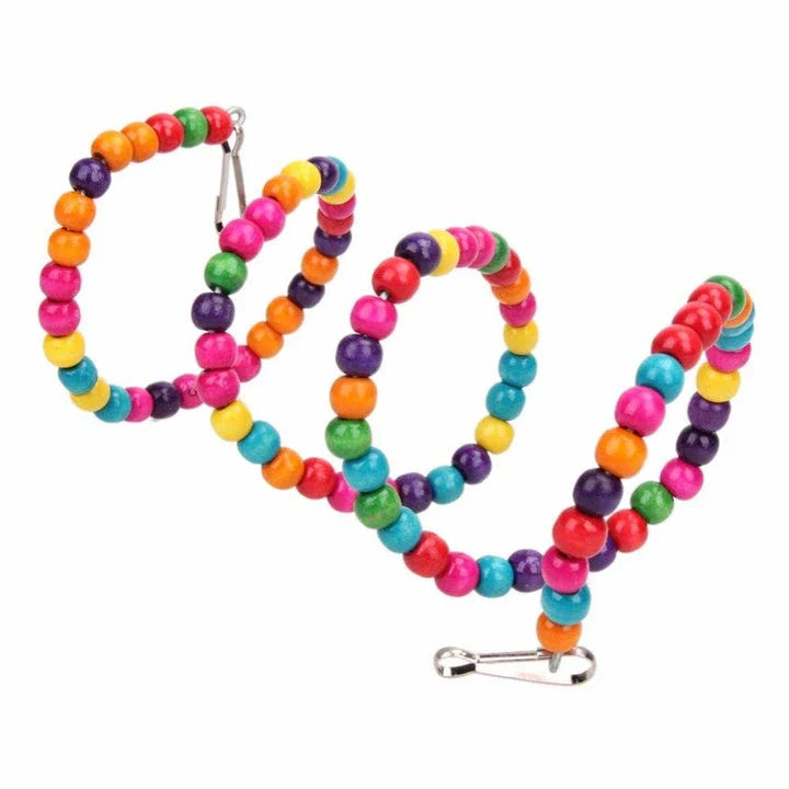 A premium British-made whimsical bird swing in multicoloured wood and iron, designed to provide a safe and entertaining play space for pet birds.