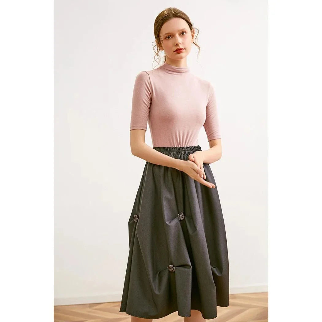 Women's Mock Neck Wool Blend T-Shirt in Pink - Elegant and Comfortable British-Inspired Design