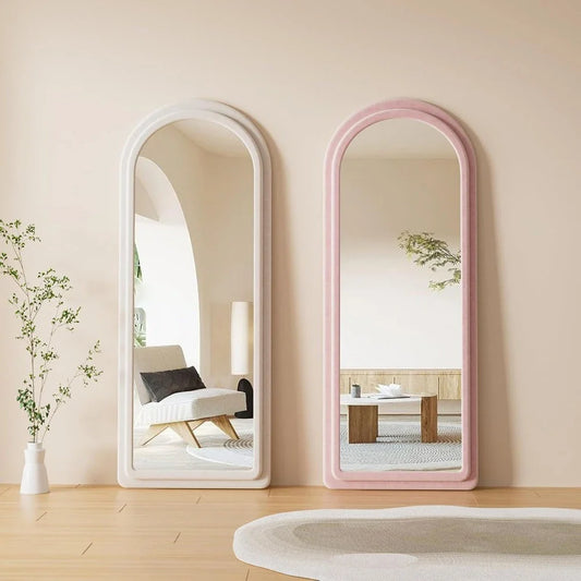 Arched full-length mirror with flannel frame, featuring a unique rabbit ear design for hanging accessories
