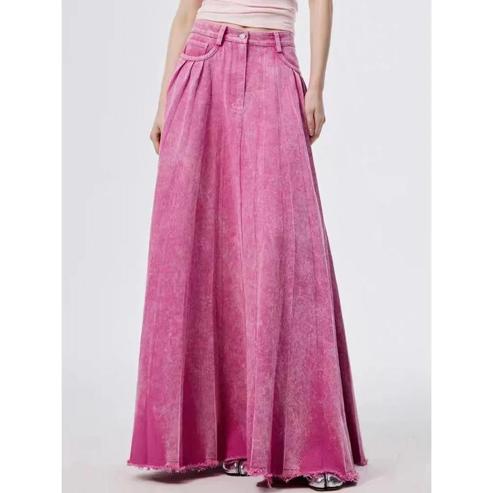 Elegant high-waist A-line denim skirt in a vibrant rose pink colour, perfect for any occasion.