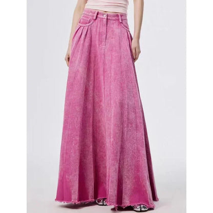 Elegant high-waist A-line denim skirt in a vibrant rose pink colour, perfect for any occasion.