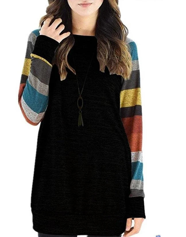 Elegant long-sleeved dress in black and blue colours, featuring a flattering silhouette and premium cotton blend fabric