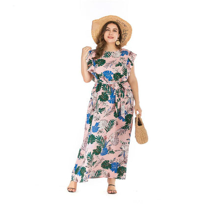 Bohemian-style summer dress in pink with an elastic waist and flowing swing skirt, available in plus sizes 3XL and 4XL