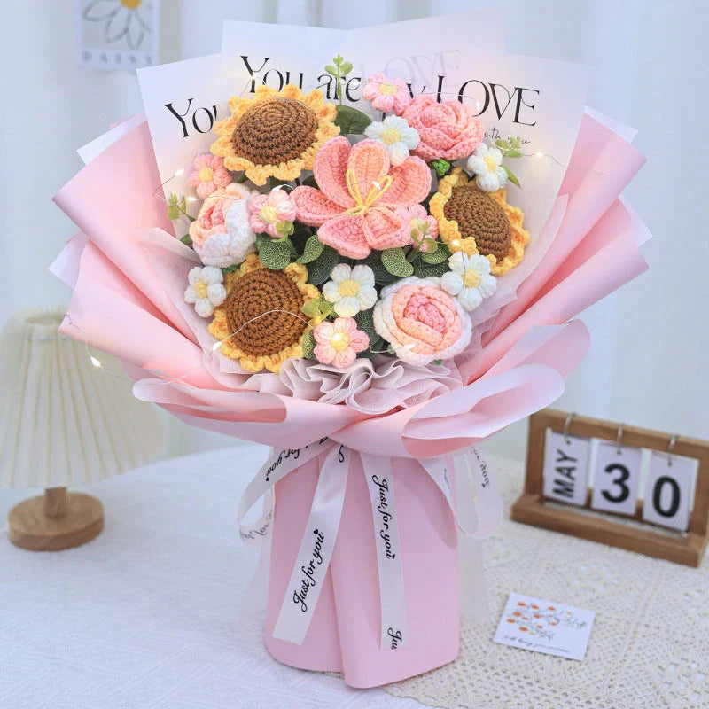 Beautifully crafted knitted bouquet with vibrant sunflowers, featuring a warm LED lighting system for a captivating display