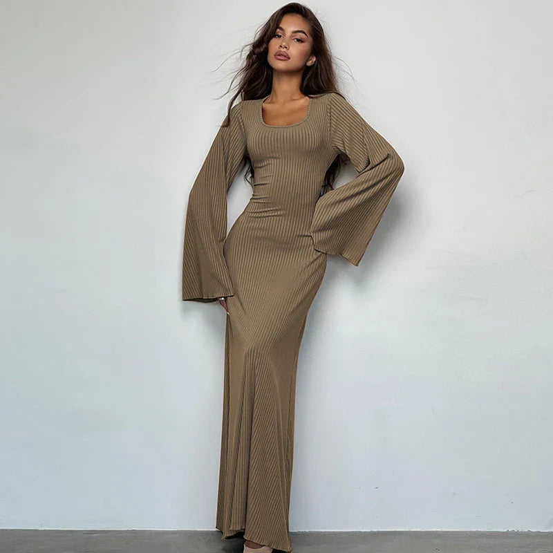 Elegant U-neck dress with lace-up back and flowing bell sleeves in a variety of sophisticated colours