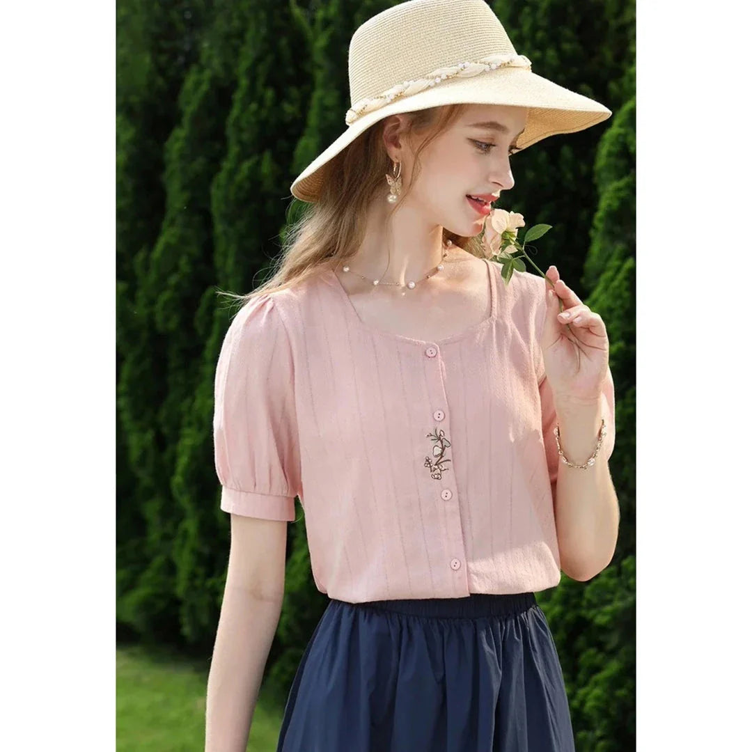 Elegant Embroidered Cotton Blouse in Autumn Colours, Featuring a Refined Square Neckline and Delicate Floral Embroidery