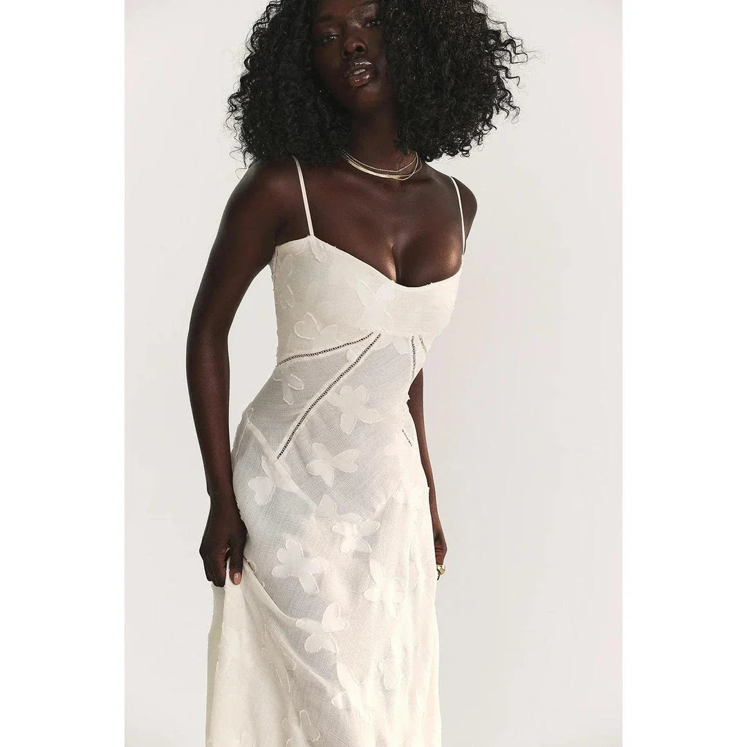 Elegant beige midi corset dress with floral jacquard pattern and lace-up back, perfect for summer parties and special occasions