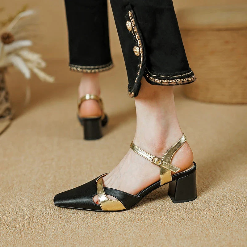 Elegant green high heel sandals with ankle strap, showcasing a sophisticated square heel design and premium materials