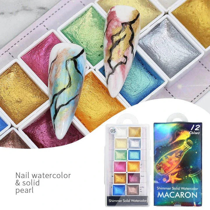 Dazzling watercolour nail art powder with iridescent, metallic, and glitter effects for creating vibrant, salon-quality nail designs