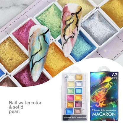 Dazzling watercolour nail art powder with iridescent, metallic, and glitter effects for creating vibrant, salon-quality nail designs