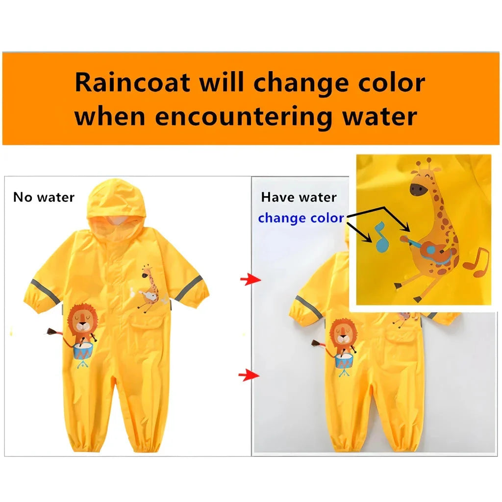 Children wearing a vibrant, dinosaur-themed waterproof rain jumpsuit playing outdoors in the rain