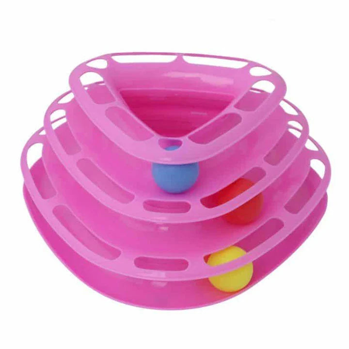 A yellow cat pyramid toy with colourful bouncing balls, designed to engage and entertain your feline companion