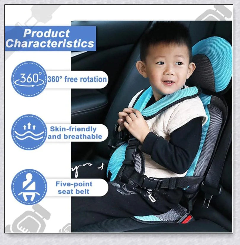 Adjustable infant car seat cushion with 5-point harness, plush padding, and foldable design for safe and comfortable travel with children