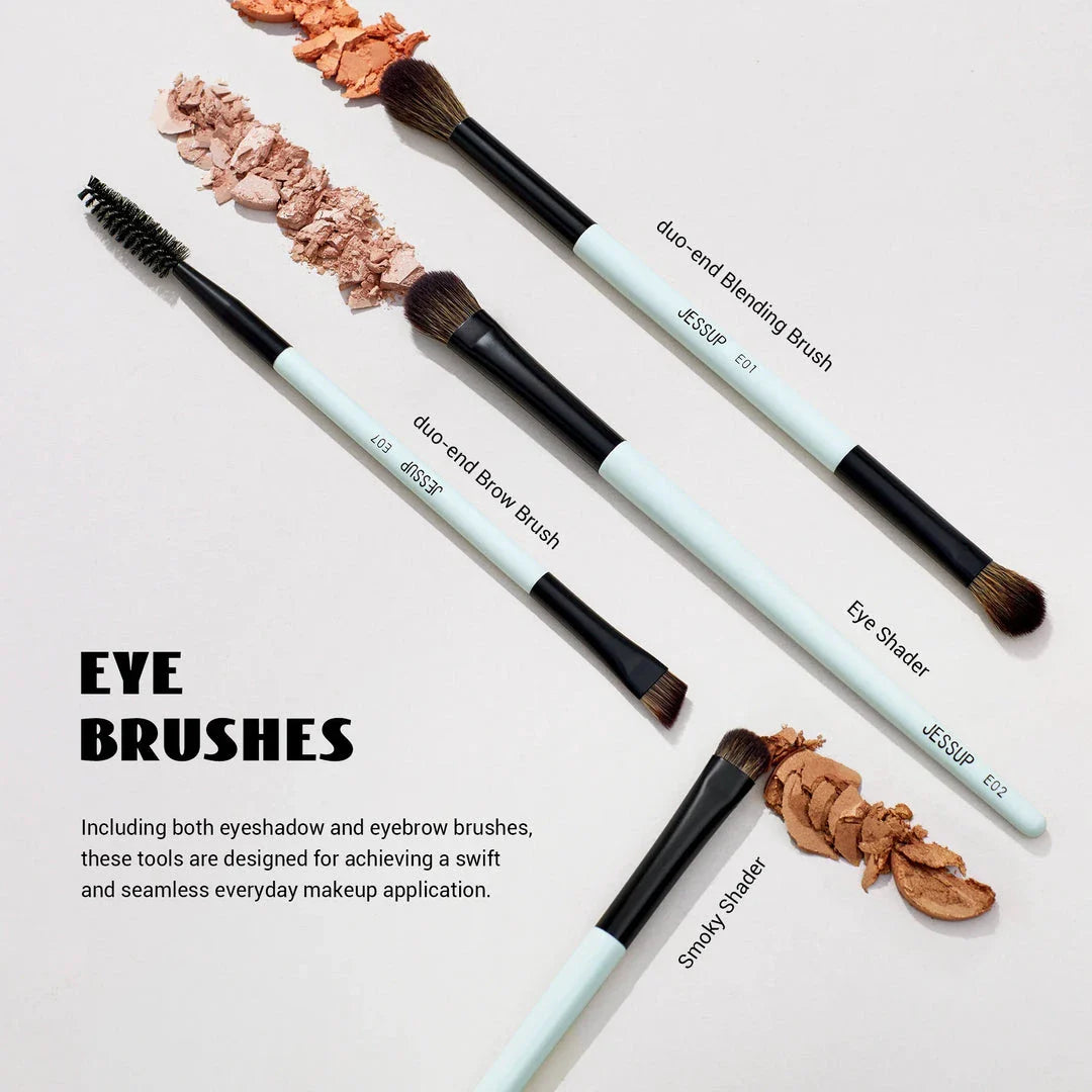 A set of 6 dual-ended makeup brushes in bright cyan and matte black, designed for seamless foundation, contour, blush, eyeshadow, and brow application.