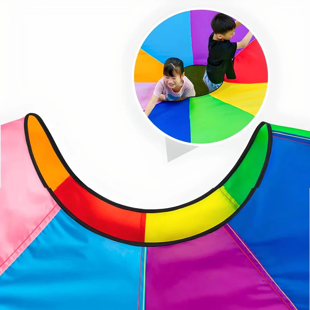 Vibrant rainbow-coloured parachute game for group play, promoting teamwork and skill development