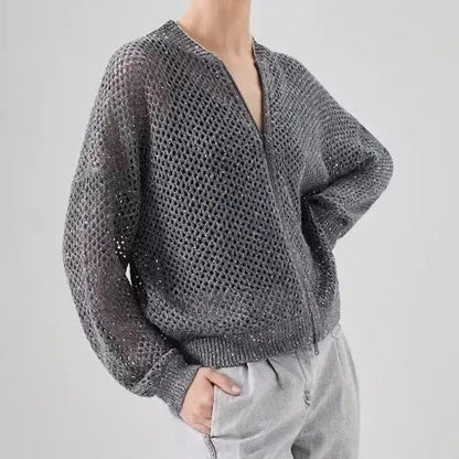 Elegant sequin-embellished linen blend knit top in dark grey colour, available in small, medium and large sizes
