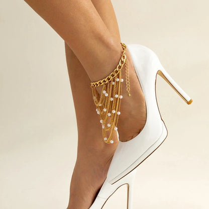 Elegant gold boho chic tassel and pearl anklet for women
