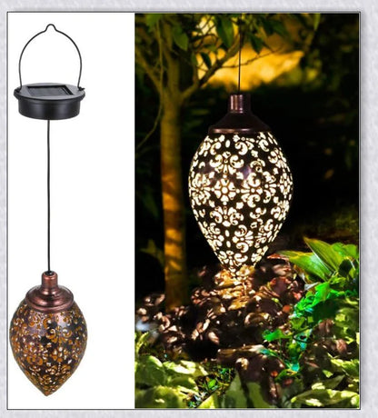 Decorative outdoor solar lanterns hanging in a lush garden, providing warm, ambient lighting