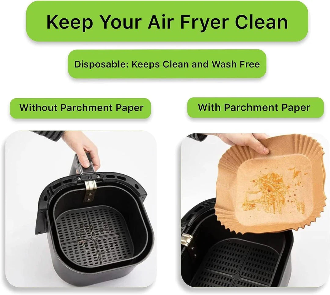 50 disposable air fryer liners made from non-toxic wood paper for easy clean-up and non-stick cooking