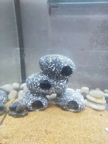 Decorative grey resin fish tank stone with natural cobblestone texture for breeding and shrimp shelter in aquarium