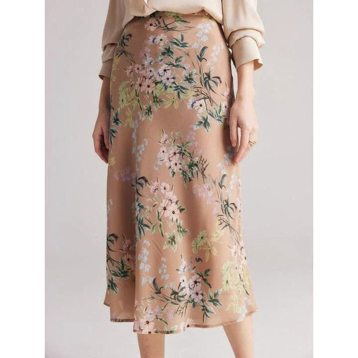 Elegant chiffon floral a-line skirt in coffee colour, perfect for the modern British woman's wardrobe