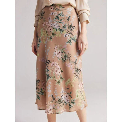 Elegant chiffon floral a-line skirt in coffee colour, perfect for the modern British woman's wardrobe