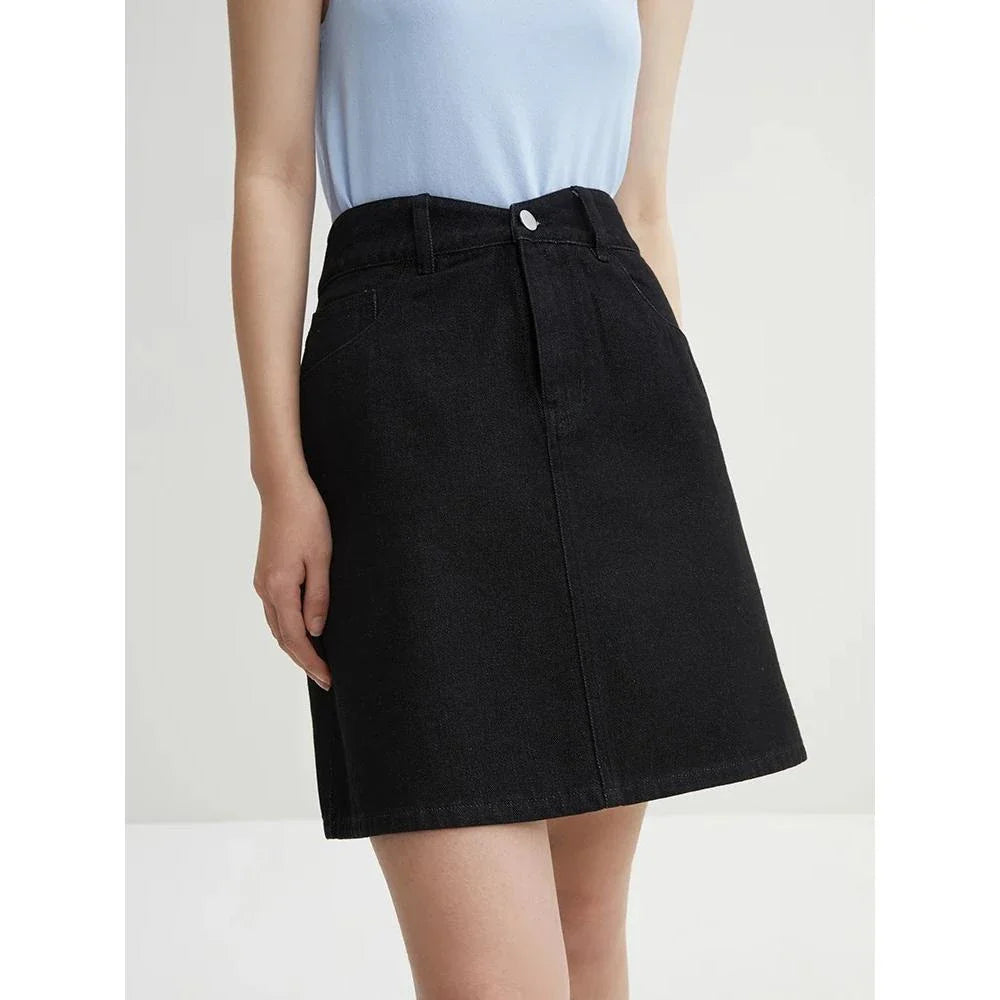 Chic high-waisted denim skirt in a classic blue shade, featuring an A-line silhouette and a flattering empire waistline.