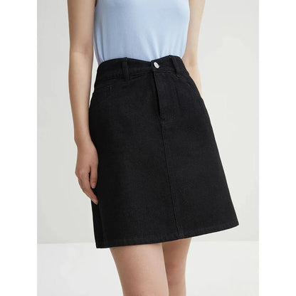 Chic high-waisted denim skirt in a classic blue shade, featuring an A-line silhouette and a flattering empire waistline.