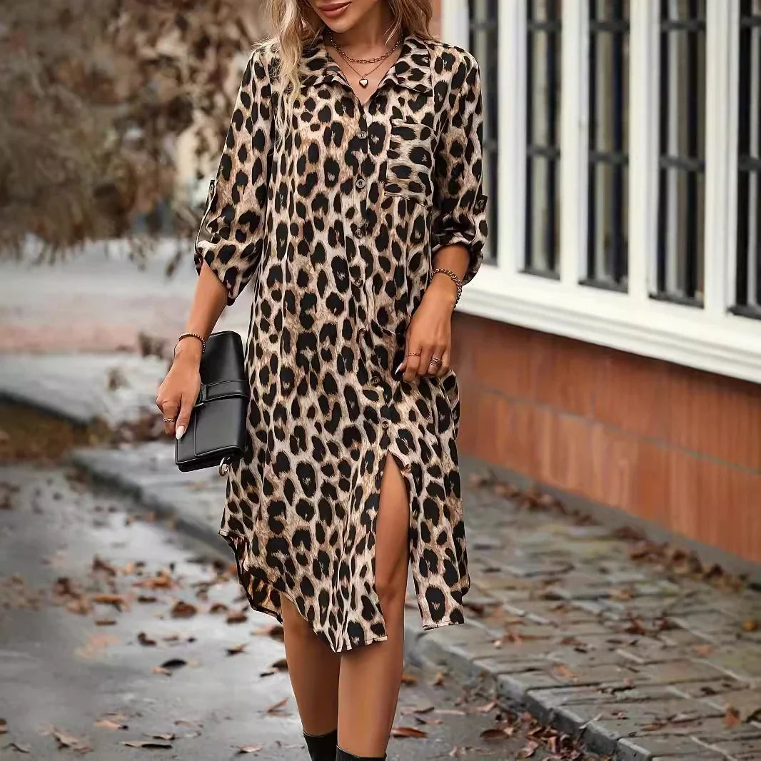 Elegant leopard print beach cover-up dress with A-line silhouette, loose waist, and pockets for comfortable and stylish holiday wear