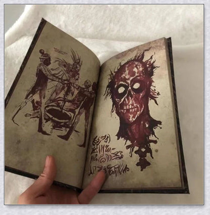 A haunting Necronomicon book with an embossed monster cover, aged pages, and a leathery, deathly texture