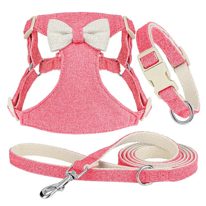 Charming quick-release dog collar, harness and lead set with adorable bow, available in various colours and sizes