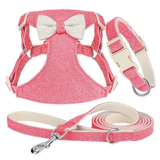 Charming quick-release dog collar, harness and lead set with adorable bow, available in various colours and sizes