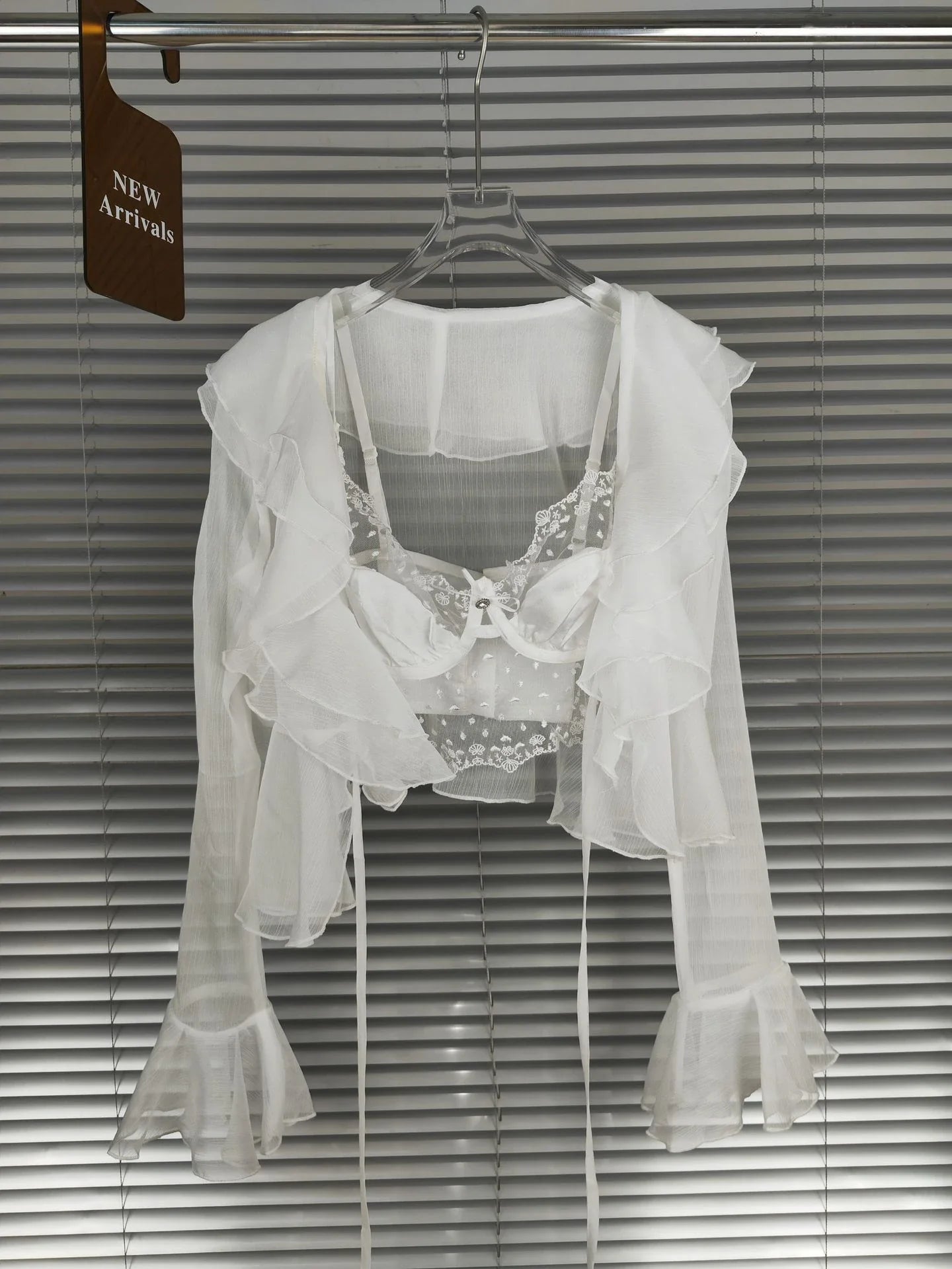 Elegant two-piece chiffon cardigan set with lace trim, available in black, white, and pink colours