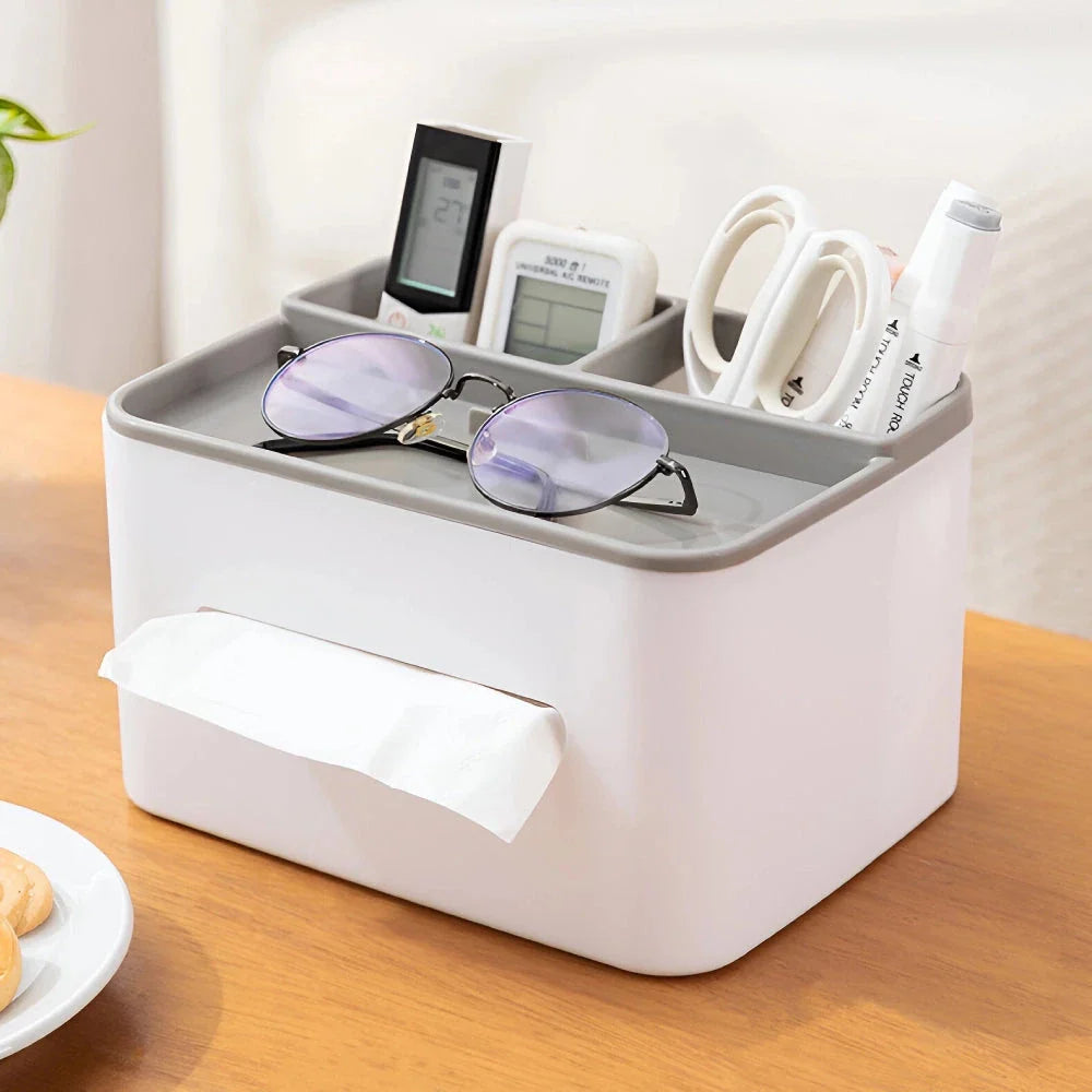 Elegant Tissue Holder and Desk Organiser - a multifunctional product that combines a tissue box with storage compartments for a tidy and stylish workspace or living area