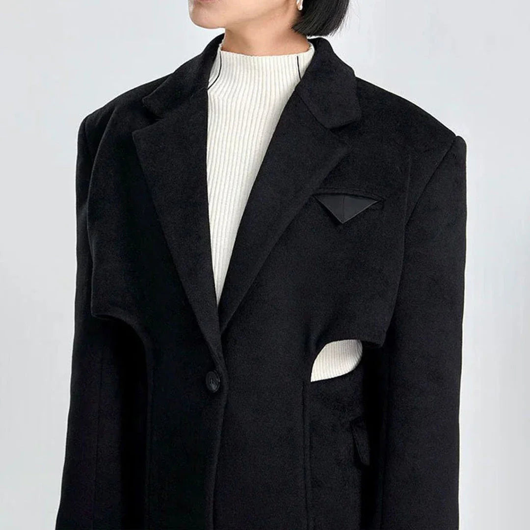 Elegant Autumn-Winter Woollen Overcoat with Waist Cut-Out Design - Premium Quality, Fashionable Silhouette, and Sophisticated Details