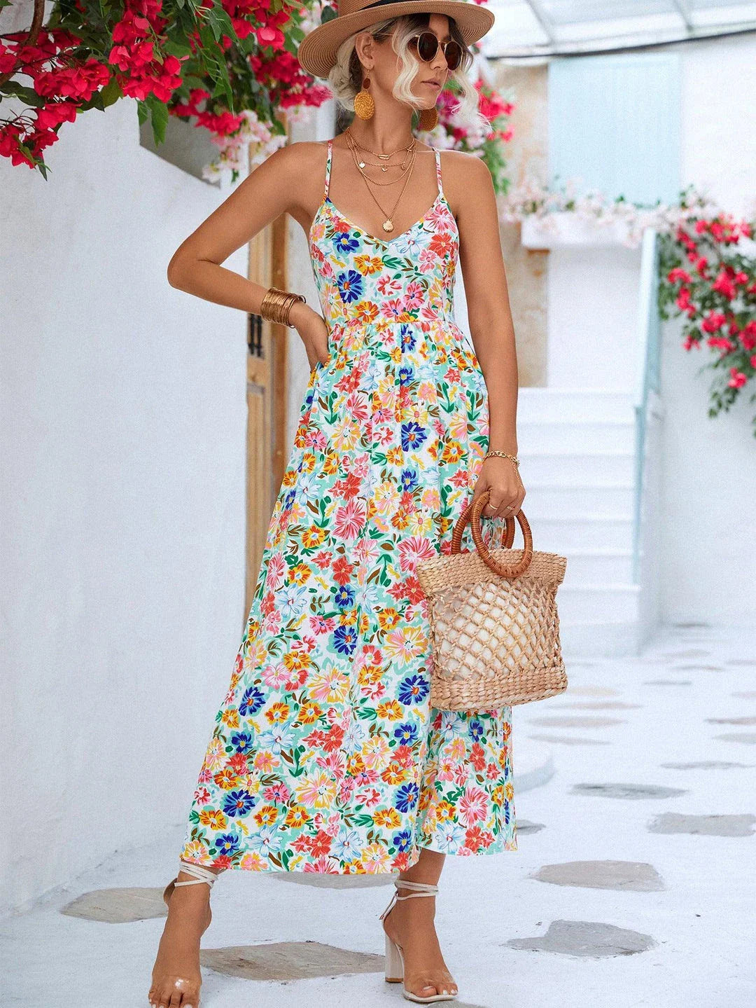 Floral Crisscross Backless Maxi Dress with Thigh Split in White and Blue Colours