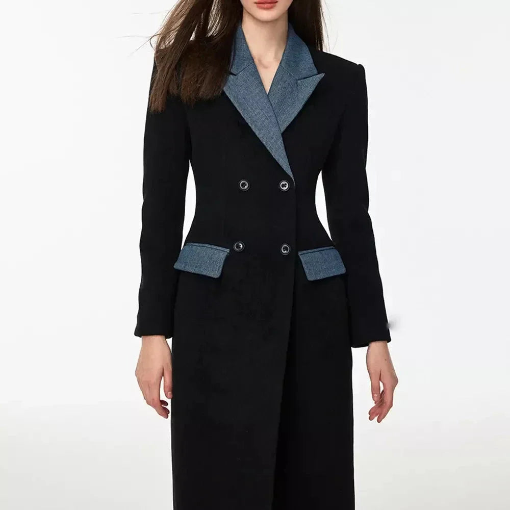 Elegant patchwork trench coat in black with contrast design, ideal for British autumn and winter