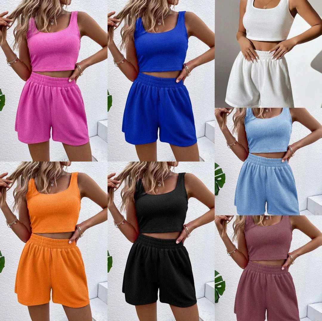 A cosy, cotton knit sleeveless homewear set for women, available in a variety of timeless colours.