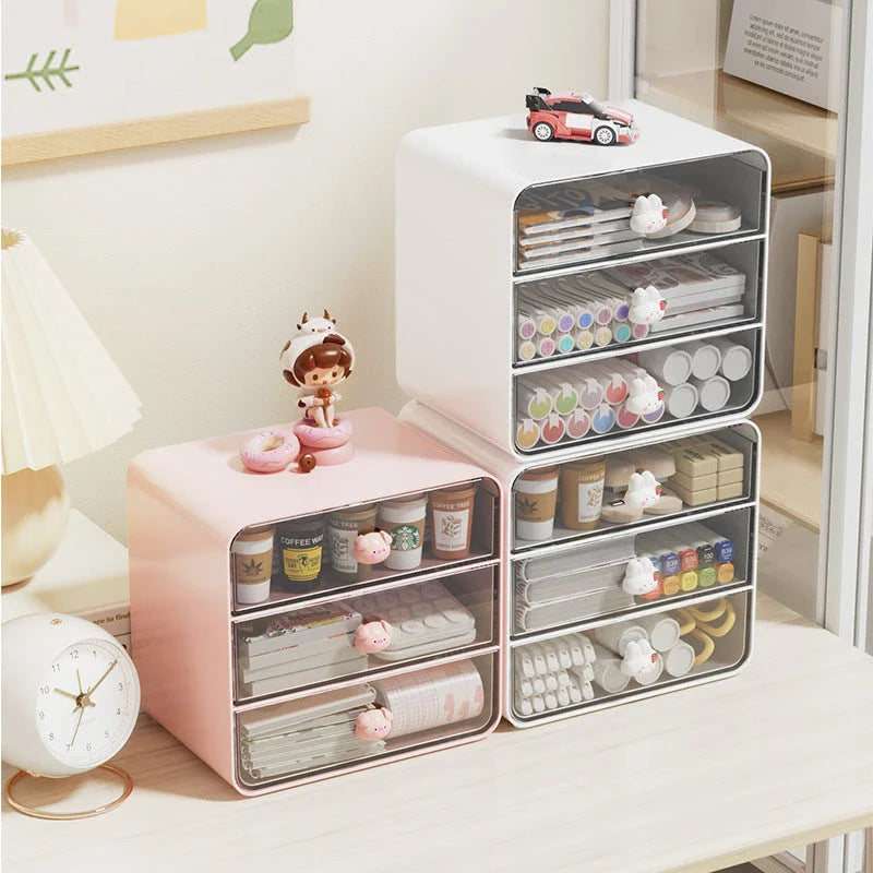 Clear acrylic desk organiser with three pull-out drawers, designed to declutter and organise your workspace