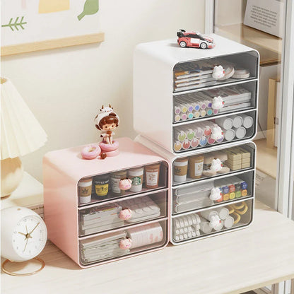 Clear acrylic desk organiser with three pull-out drawers, designed to declutter and organise your workspace